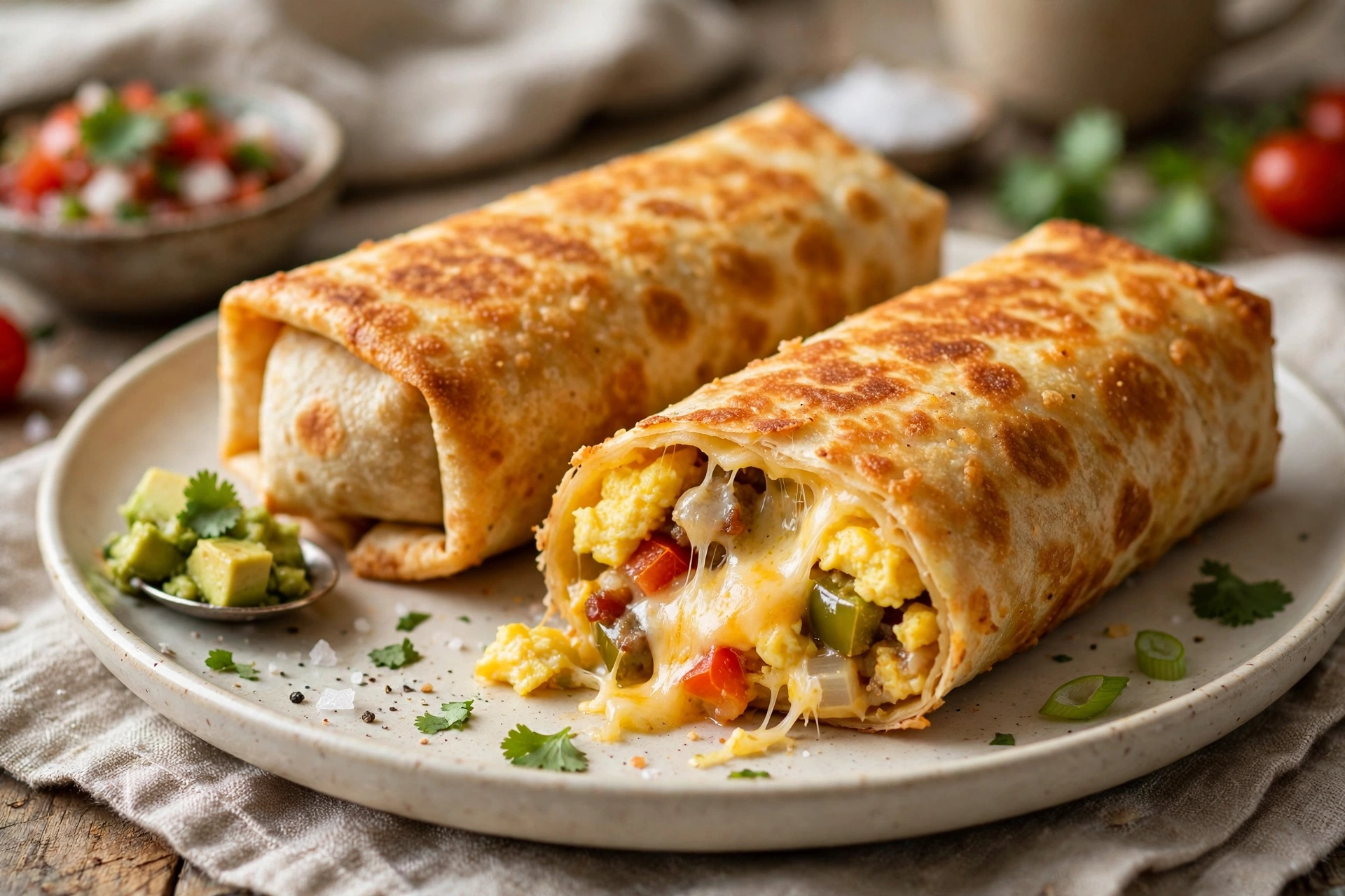 Two golden crisp air fryer breakfast burritos on a plate, one cut open showing scrambled egg, melted cheese, peppers and black beans, with salsa beside them