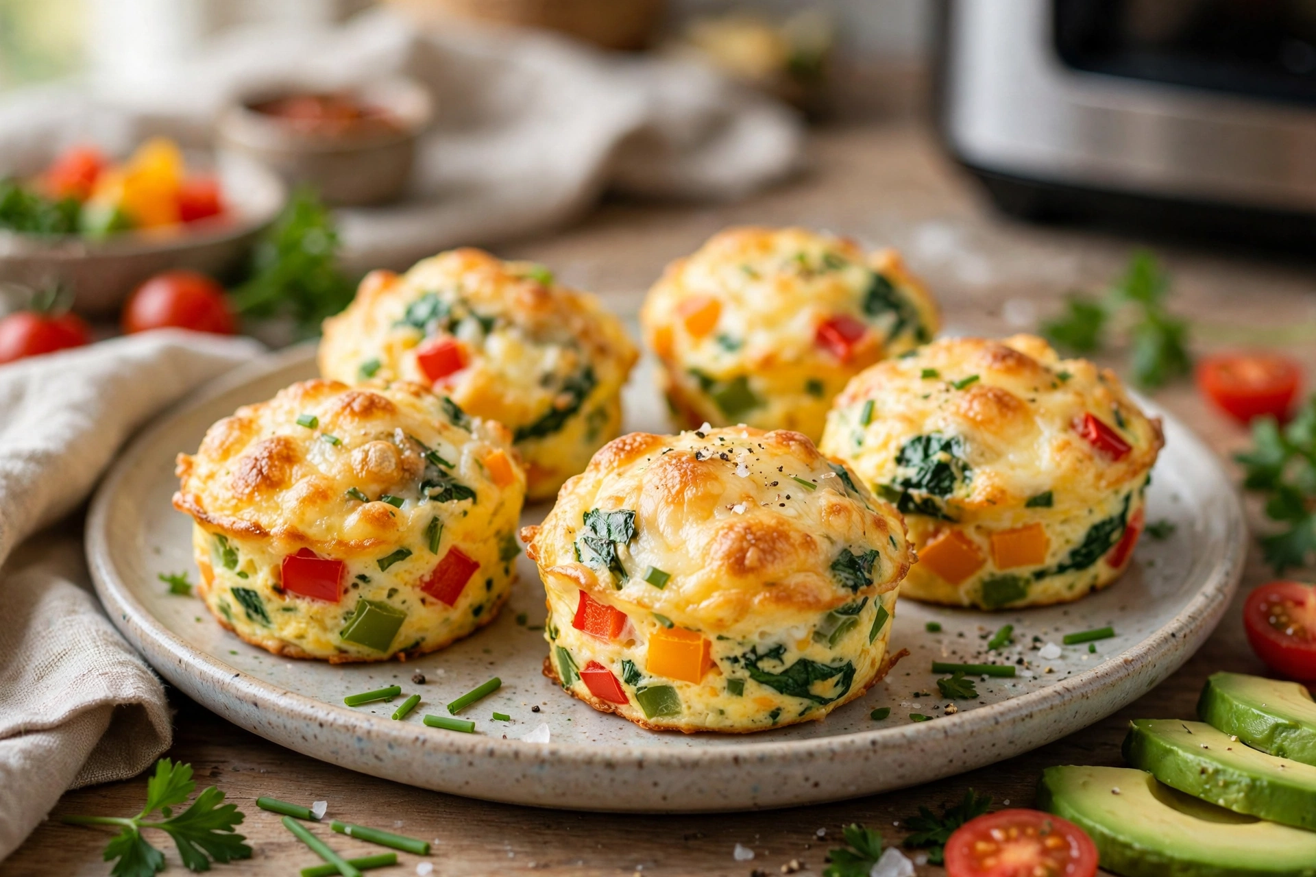 Golden air fryer egg bites with spinach, red and green peppers and melted cheese on a plate