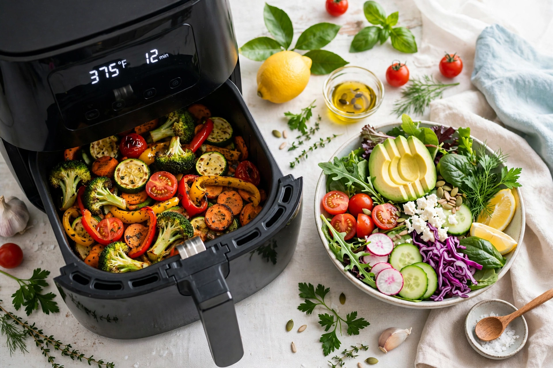 Light air fryer vegetables and fresh salad bowl
